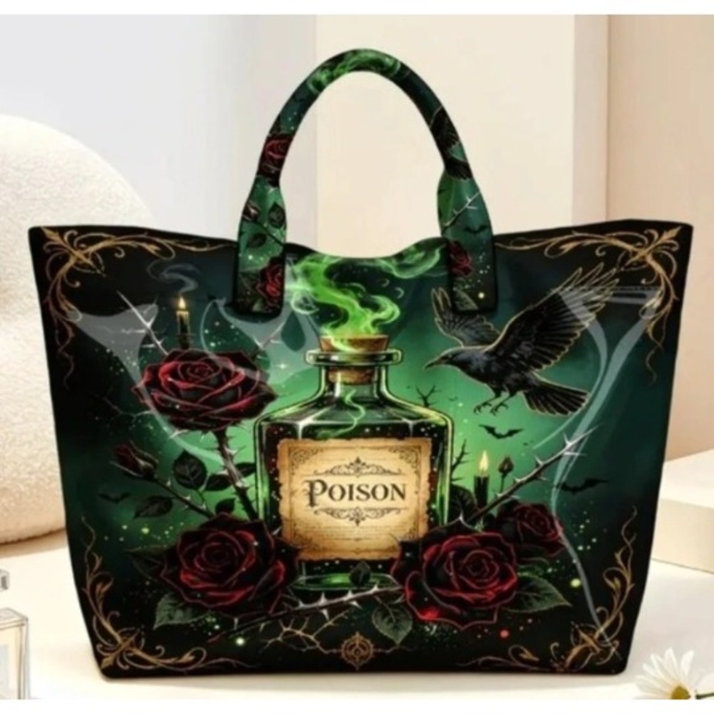 Tote Bag Gothic Poison Bottle Raven Rose Dark Aesthetic Large Green Black Bag